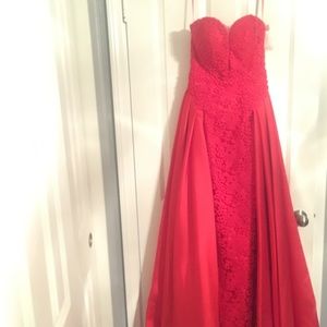 Red Evening Lace Gown with Attached Mikado Overlay